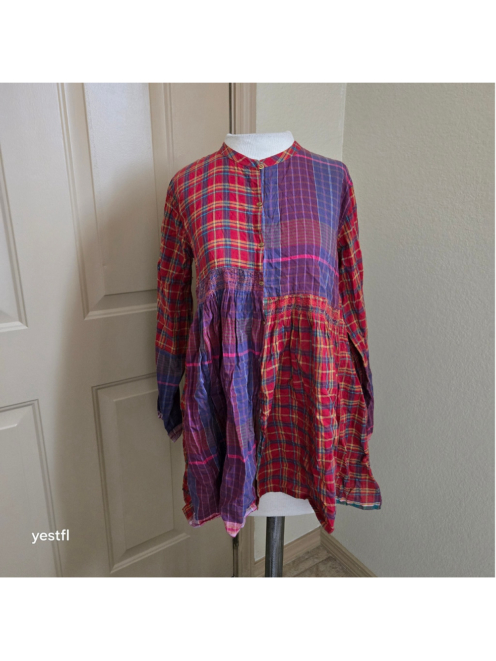 Injiri Plaid Tunic Top Size S Red Purple Patchwork cotton